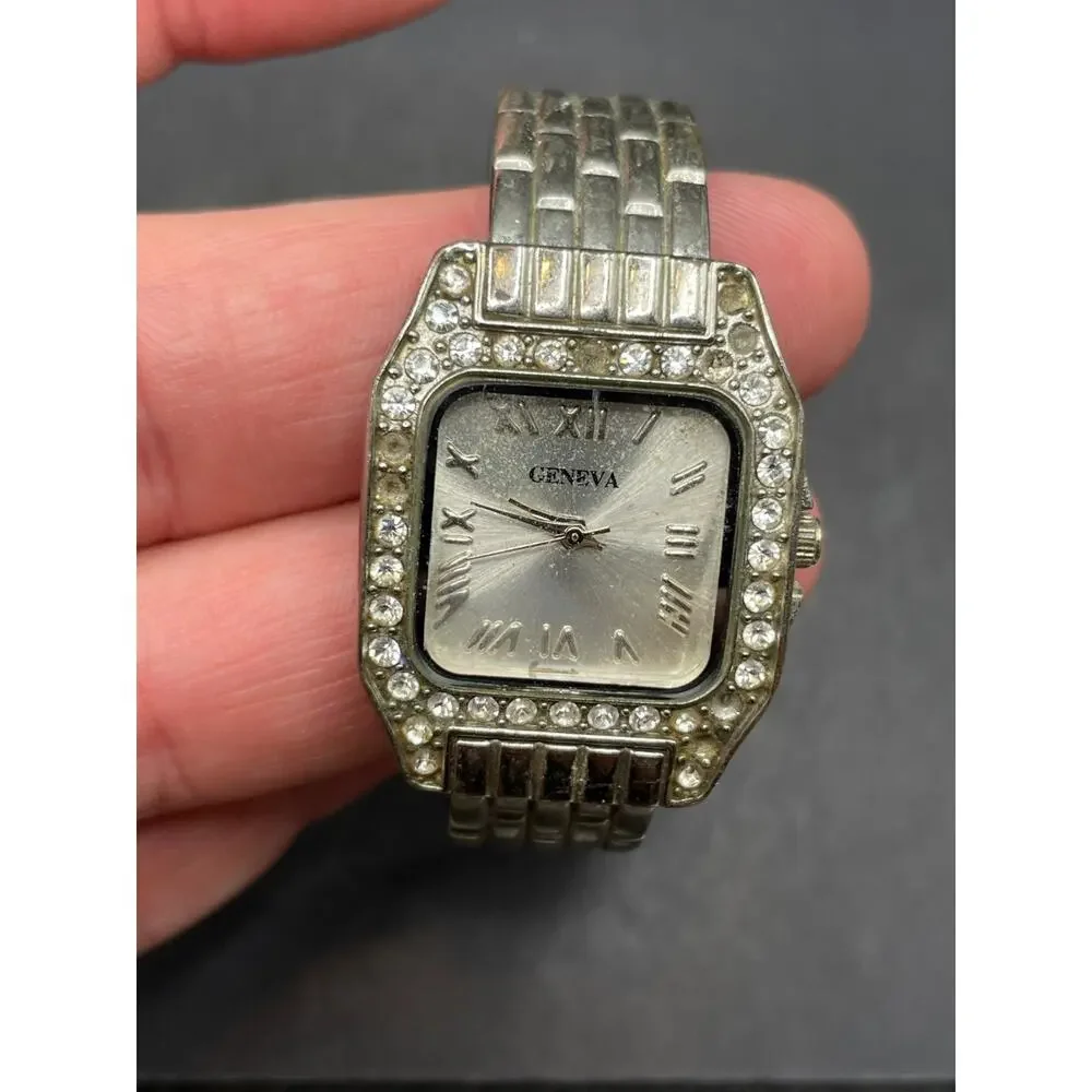 Geneva Classy Rhinestones Bezel Silver Tone Cuff Band Wristwatch Water Resistant